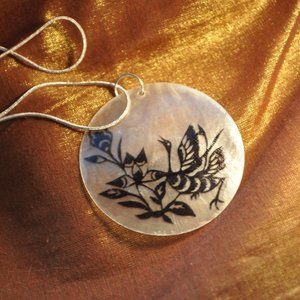 🐯capiz shell focal pendant 50mm crane black & white 925 silver necklace (w5016)